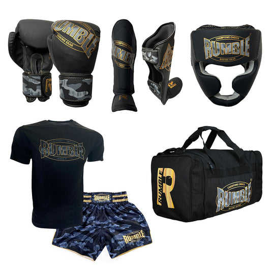 Rumble Kickboxing Set Camo Black/Gold + Head Guard + Sports Bag + Clothing Set