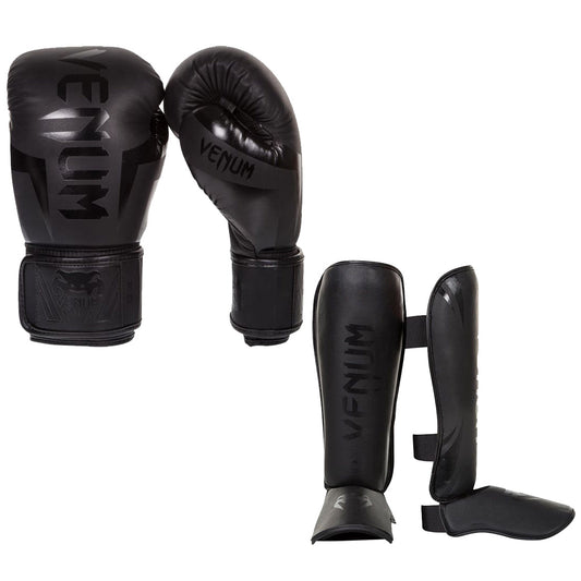 Venum Kickboxing Set Boxing Glove Elite Black/Black + Shin Guard Challenger Black/Black