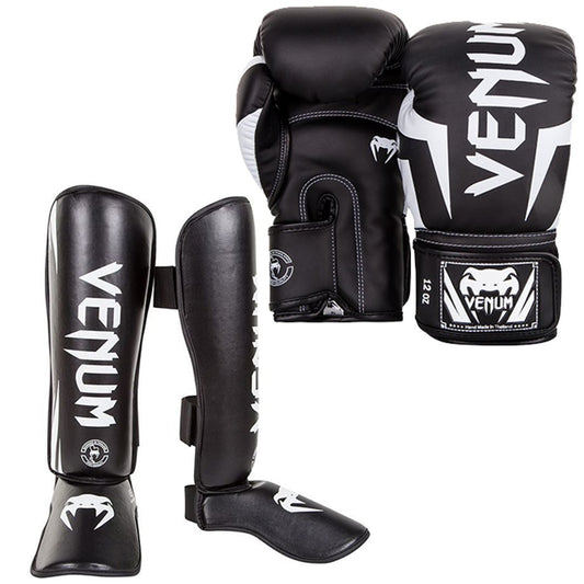 Venum Kickboxing Set Boxing glove Elite Black/White + Shin guard Challenger Black/White