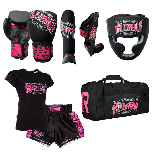 Rumble Kickboxing Set Kids Camo Black/Pink + Head guard + Sports bag + Clothing set