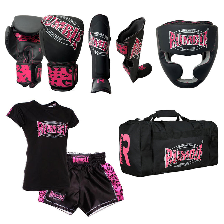Rumble Kickboxing Set Kids Camo Black/Pink + Head guard + Sports bag + Clothing set