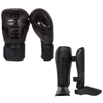 Venum Kickboxing Set Boxing Glove Elite Black/Black + Shin Guard Challenger Black/Black