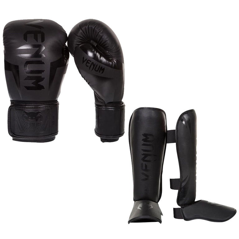 Venum Kickboxing Set Boxing Glove Elite Black/Black + Shin Guard Challenger Black/Black