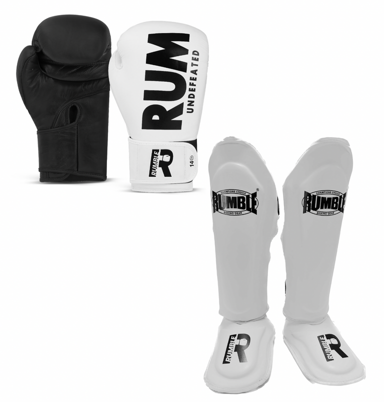 Rumble kickboxing set Boxing glove Undefeated & Rumble Shin guard Exclusive White