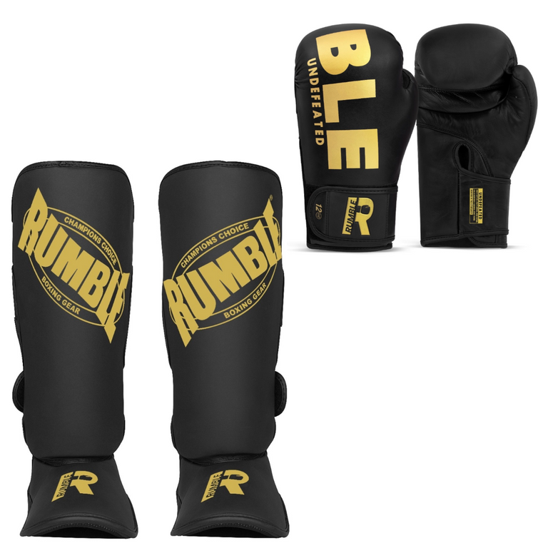 Rumble Kickboxing set Boxing glove Undefeated PU & Rumble Shin guard Beginner Black/Gold