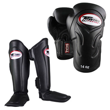 Twins Kickboxing Set Boxing Glove BGVL-6 Black & Shin guard SGL-7 Black